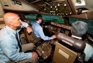 Pilot training in a 777 full-flight simulator. Boeing photo.