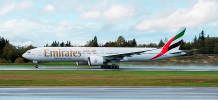 The airline's 100th 777-300ER  takes off from Everett, Wash. Boeing photo.